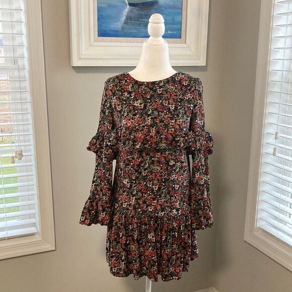 Zara Trafaluc Collection Black Floral Boho Tiered Ruffle Fall Tunic Mini Dress - Picture 3 of 16